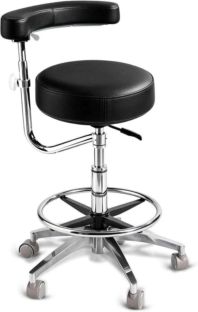 Dental Stool on Wheels,400lbs Assistant Stool with Rolling Base | PU Leather|Adjustable Swivel Armrest|Foot pedal Ring|Silent Castes|Ergonomic Dentist Chair for Hygienists,Medical,Clinic