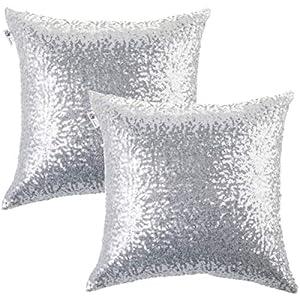 Kevin Textile Pack of 2, New Luxury Series Silver Decorative Glitzy Sequin & Comfy Satin Solid Throw Pillow Cover Cushion Case for Wedding/ Christmas, 20" x 20", Silver