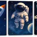 Pormipone Space Wall Art 3 Panel Canvas 16x24 inch Rocket Astronaut Planet, Size: 24"L x 16"W
