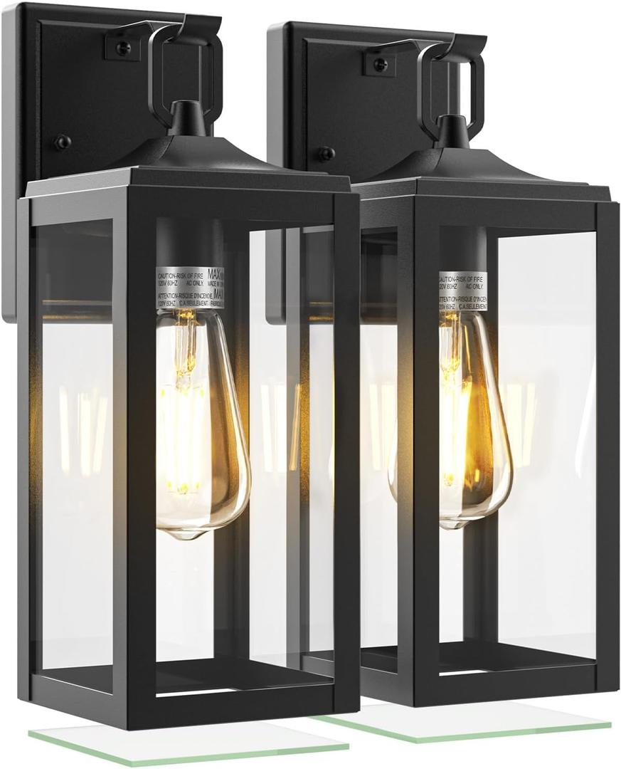 Colemoly Outdoor Light Fixture 2 Pack Outdoor Wall Lights Waterproof Porch Lights Outdoor, Black Exterior Lighting Fixtures, Removable Glass on Bottom, E26 Socket Wall Mount Lighting for Patio Garage
