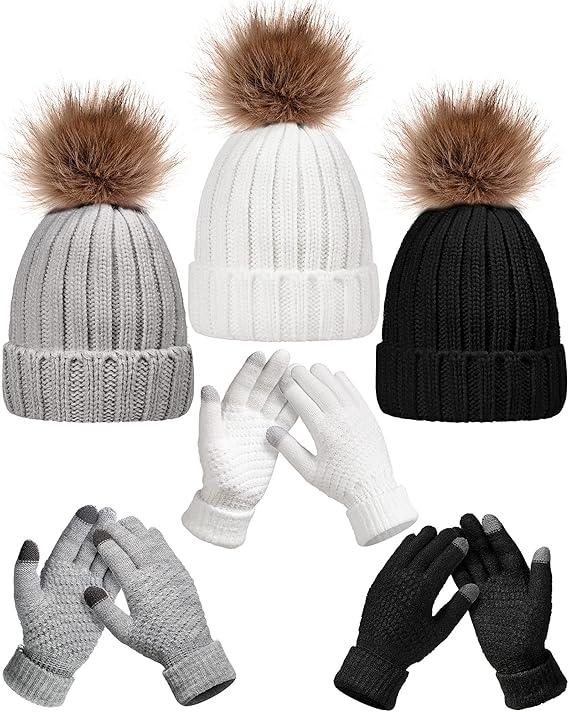 6 Pcs Winter Beanie Hat Gloves Set Pom Knit Unisex Warm Fleece Lined Hat Touchscreen Gloves for Women Men Couples Friends