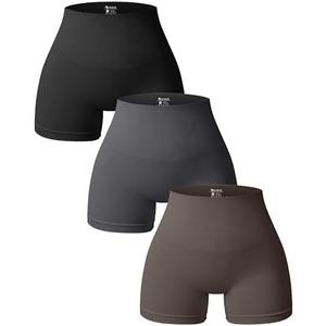 OQQ Women 3 Piece Yoga Shorts High Waist Seamless Workout Exercise Shorts Leggings Black Darkgrey Tea Leaf, Medium