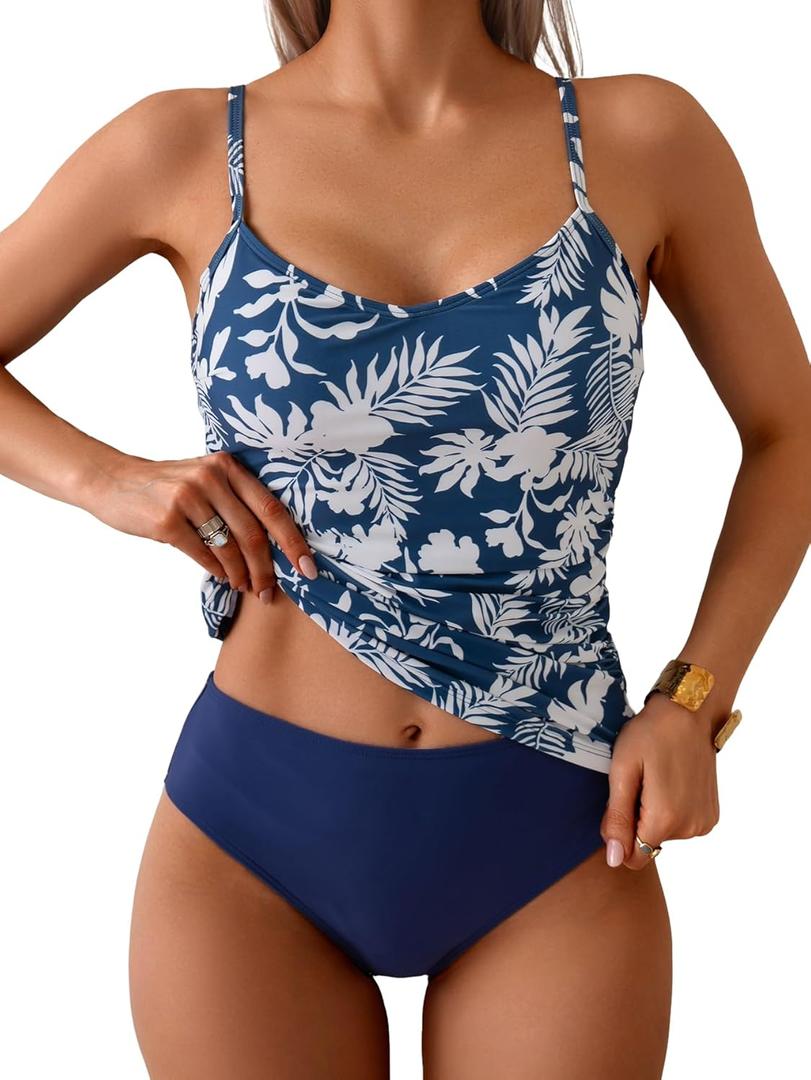 Eomenie Tankini Swimsuits for Women Two Piece Tummy Control Bathing Suit Slimming Modest Swimwear with High Waisted Bottom (Small, Navy Blue Floral)