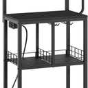 YATINEY Bakers Rack with Power Outlet, Microwave Stand with Paper Holder, Coffee Bar Table with Wine Glass Holder, 4-Tier Kitchen Storage Rack for Dining Room, Living Room, Black HB02UBB