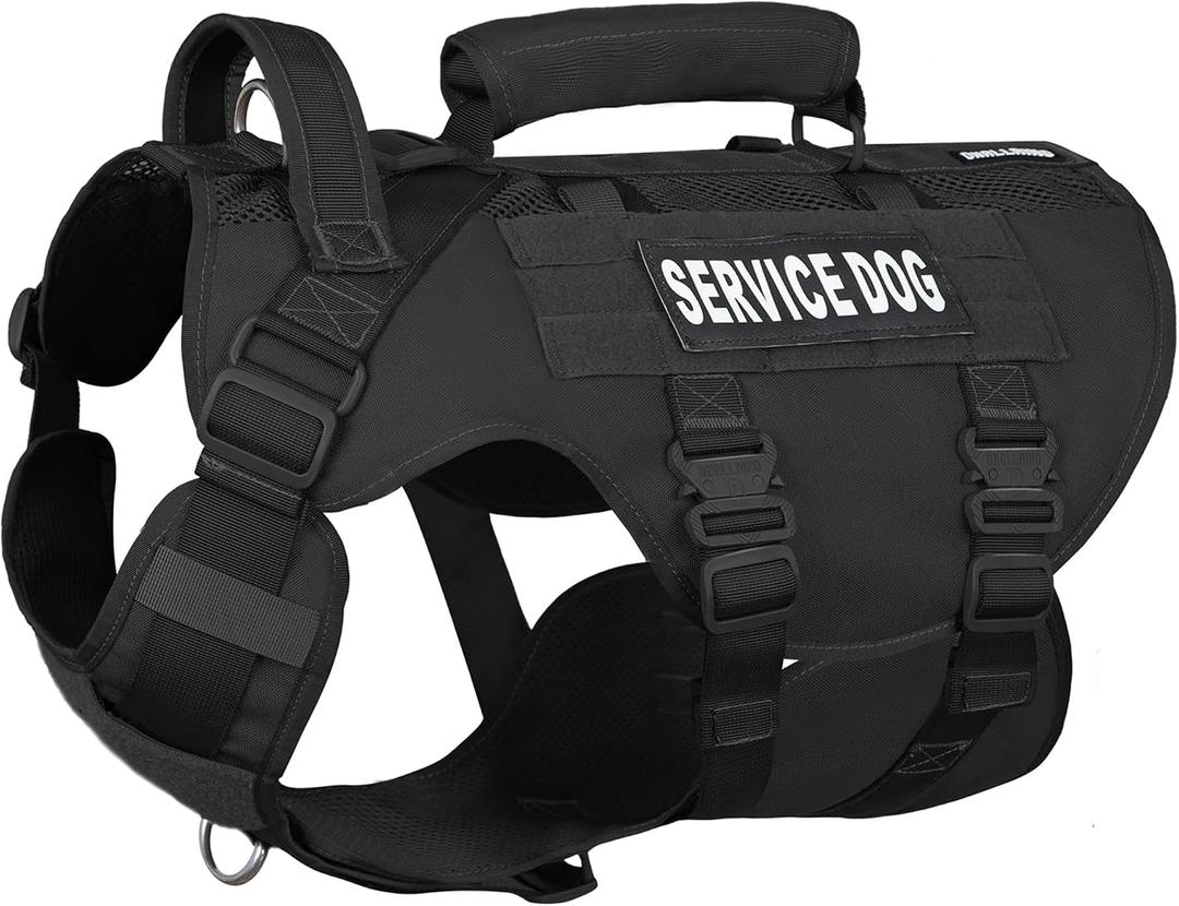 Service Dog Vest for Large Dogs, Black Tactical Harness with Military MOLLE, Breathable Mesh & 39g Metal Buckle - Size M for Training & Hiking