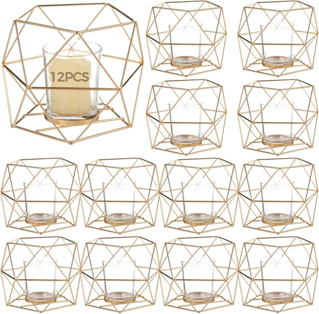 12 PCS Geometric Tealight Candle Holders, Golden Iron Frame Candle Stand with Glass, Wedding Dining Table Centerpiece Party Decor