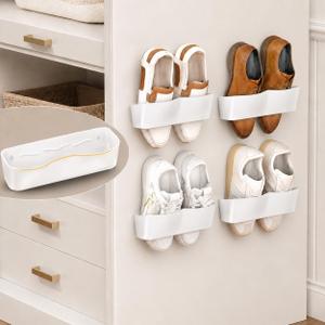 Wall Mounted Shoe Rack, Adhesive & Drill Mount Hanging Shoe Organizer, Plastic Shoe Storage for RV, Camper, Closet & Door, Patent Protected, Patent Protected, White-4Pack