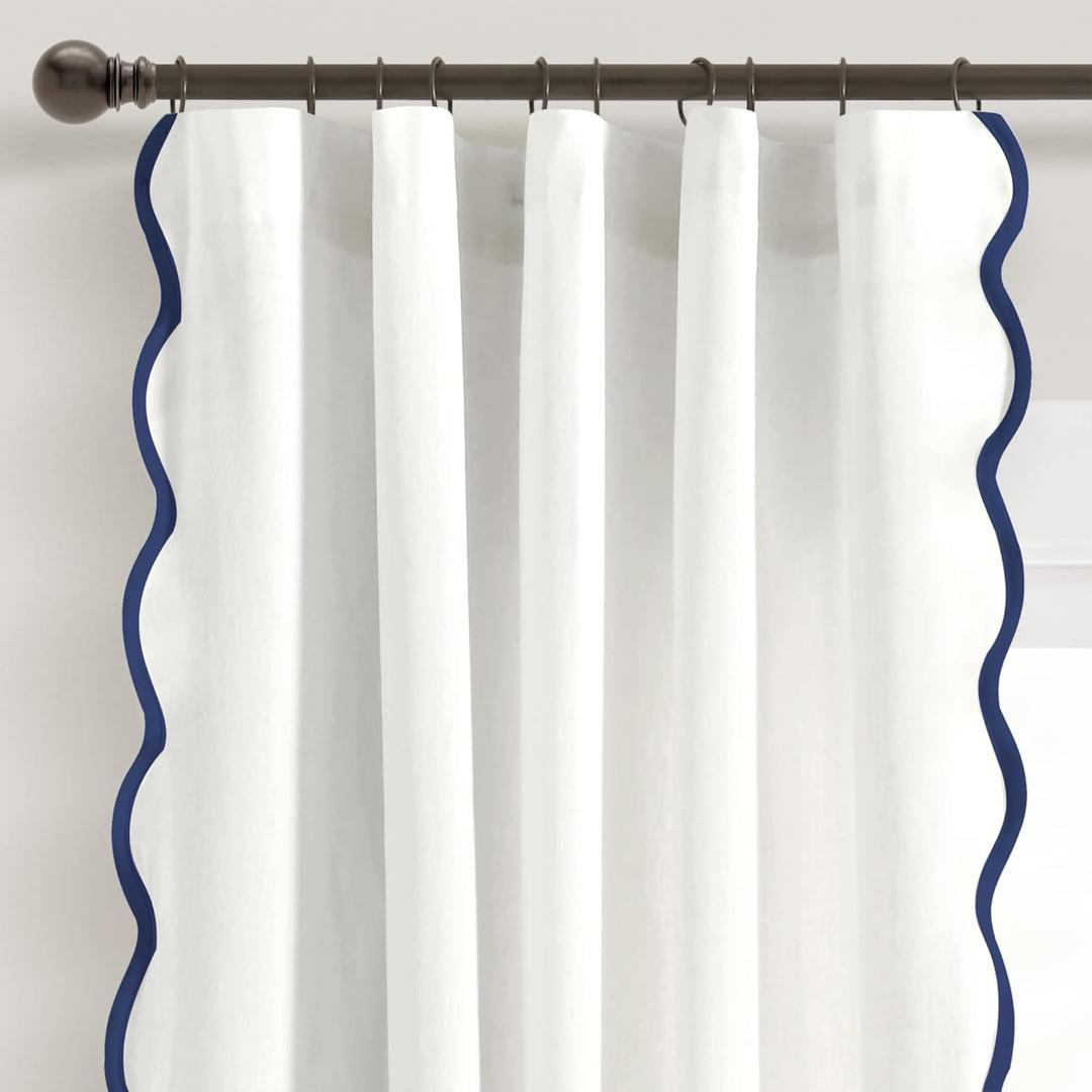 Lush Decor Coastal Chic Scalloped Edge Light Filtering Window Curtain Panels Pair, 52" W x 84" L, Navy & White - White Curtains for Living Room - Coastal Decor