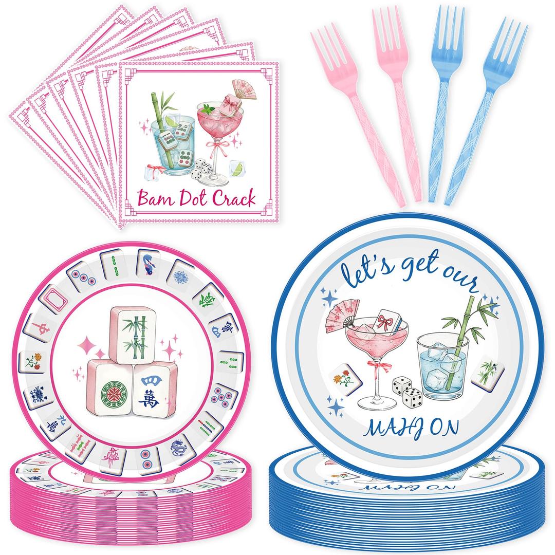 96 Pcs Mahjong Party Supplies, Lets Get Our Mahj On Plates Napkins Forks for 24 Guests, Bam Dot Crack Pink Blue Tableware Set for Mah Jongg Game Night Birthday