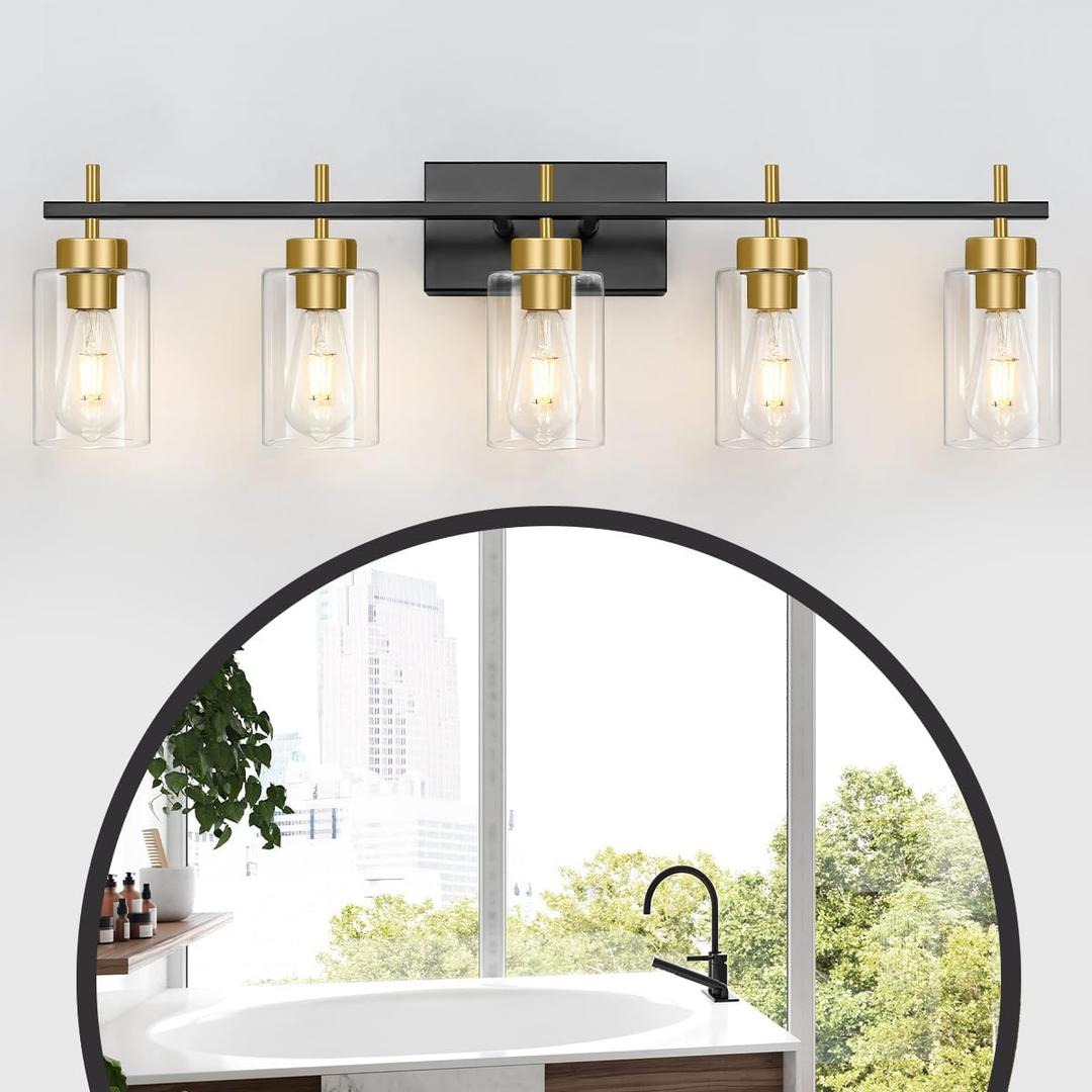 Black Gold Bathroom Vanity Light, Mid Century Modern Brushed Gold Light Over Mirror, 5-Light Wall Sconces (Black & Gold)