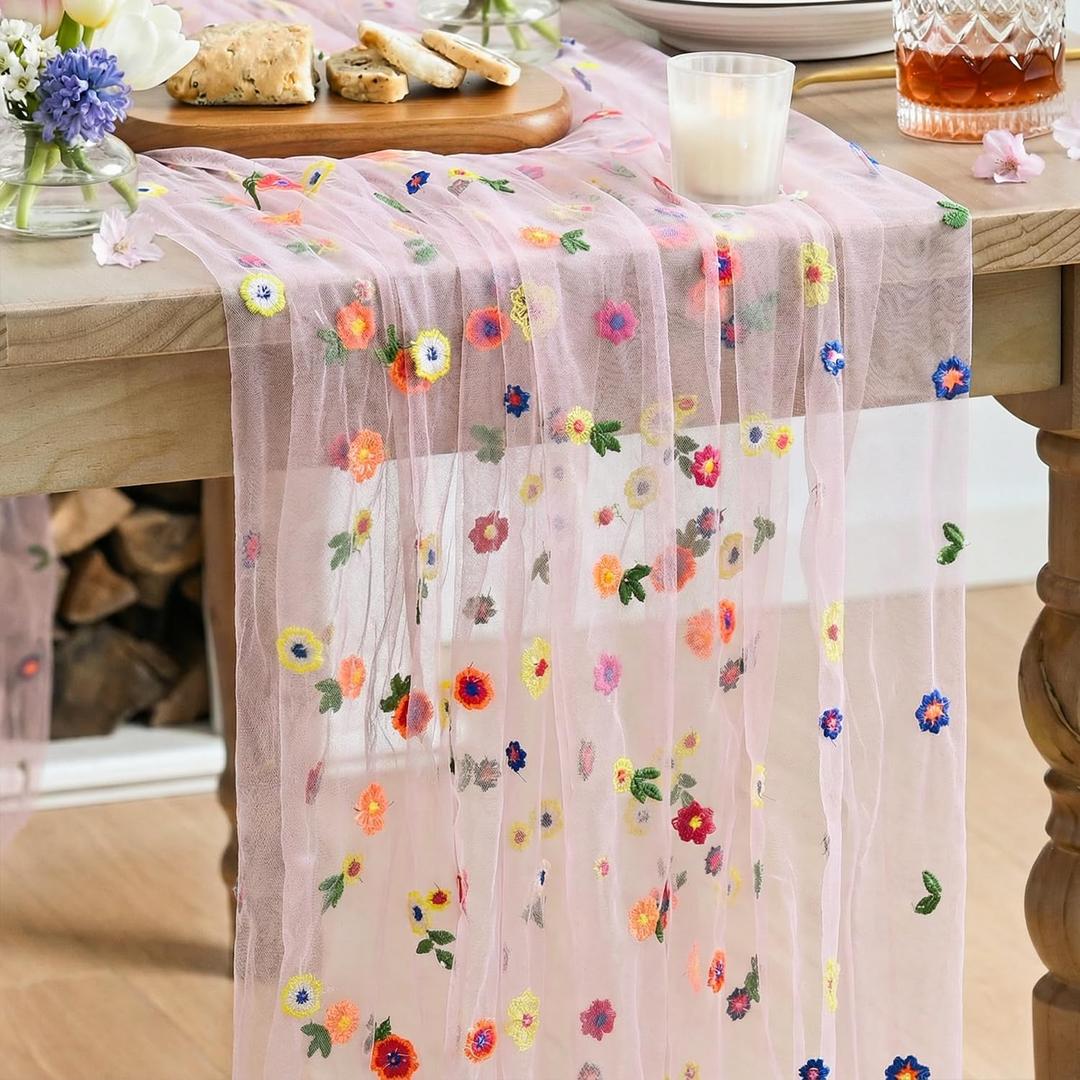 Artoid Mode Pink Embroidery Daisy Gauze Table Runner 120 Inch 10FT, Seasonal Sheer Kitchen Dining Holiday Wedding Birthday Table Decor for Home Party (28" x 120")