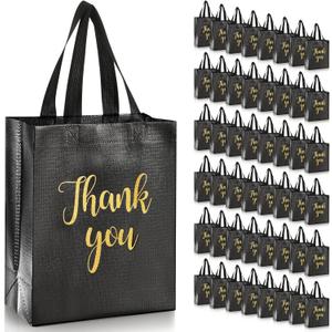 Fumete 50 Pcs Glossy Thank You Gift Bag with Handles 8 x 4 x 10 Inch Non Woven Reusable Gift Bags with Glossy Finish for Wedding Birthday Partys Engagements Anniversaries Holiday(Black)