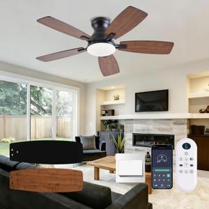 42inch Ceiling Fans with Lights, Low Profile Ceiling Fan with Light and Remote/APP Control, DC Reversible Motor, Noiseless, Flush Mount, Brown Ceiling Fan for Bedroom Indoor/Outdoor Use