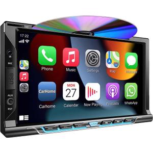Double Din car Stereo with CD/DVD Player- CarPlay & Android Auto, Car Audio with Bluetooth, 7 Inch HD Touchscreen, Rear Camera, USB/TF/AUX, AM/FM, Subwoofer Radio Receiver