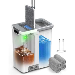 Mop and Bucket Set with AUTO Pump, 3-Zone Separate Dirty and Clean Water, Flat Mop and Bucket System with Wringer and Wheels, 4 Reusable Microfiber Pads, One-Touch Water Filling for Home Cleaning