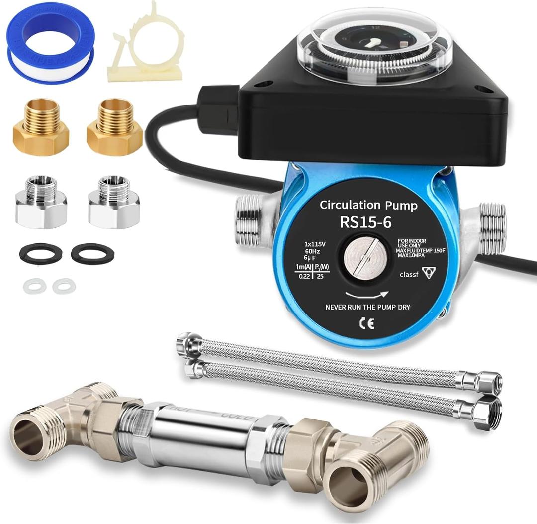 Hot Water Recirculating Pump Kit for Tank Water Heaters 100W Circulation Pump with Timer, 304 Stainless Steel Sensor Valve & 2 Supply Lines No Return Line Needed