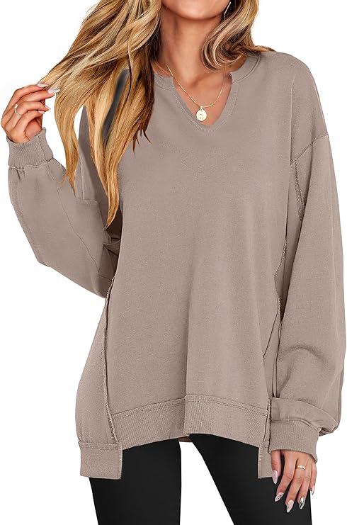 ANRABESS Women's Oversized Sweatshirts Long Sleeve Tunic Shirts V Neck Loose Pullover Tops 2026 Spring Teen Girls Outfit (Medium)