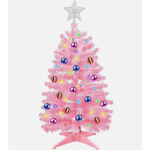 3Ft Christmas Tree with Lights, Table Christmas Tree with 50 LED 12 Modes, 3D Star, 15 Hanging Ball Ornaments, Small Prelit Xmas Tree for Tabletop, Home and Office (Pink)