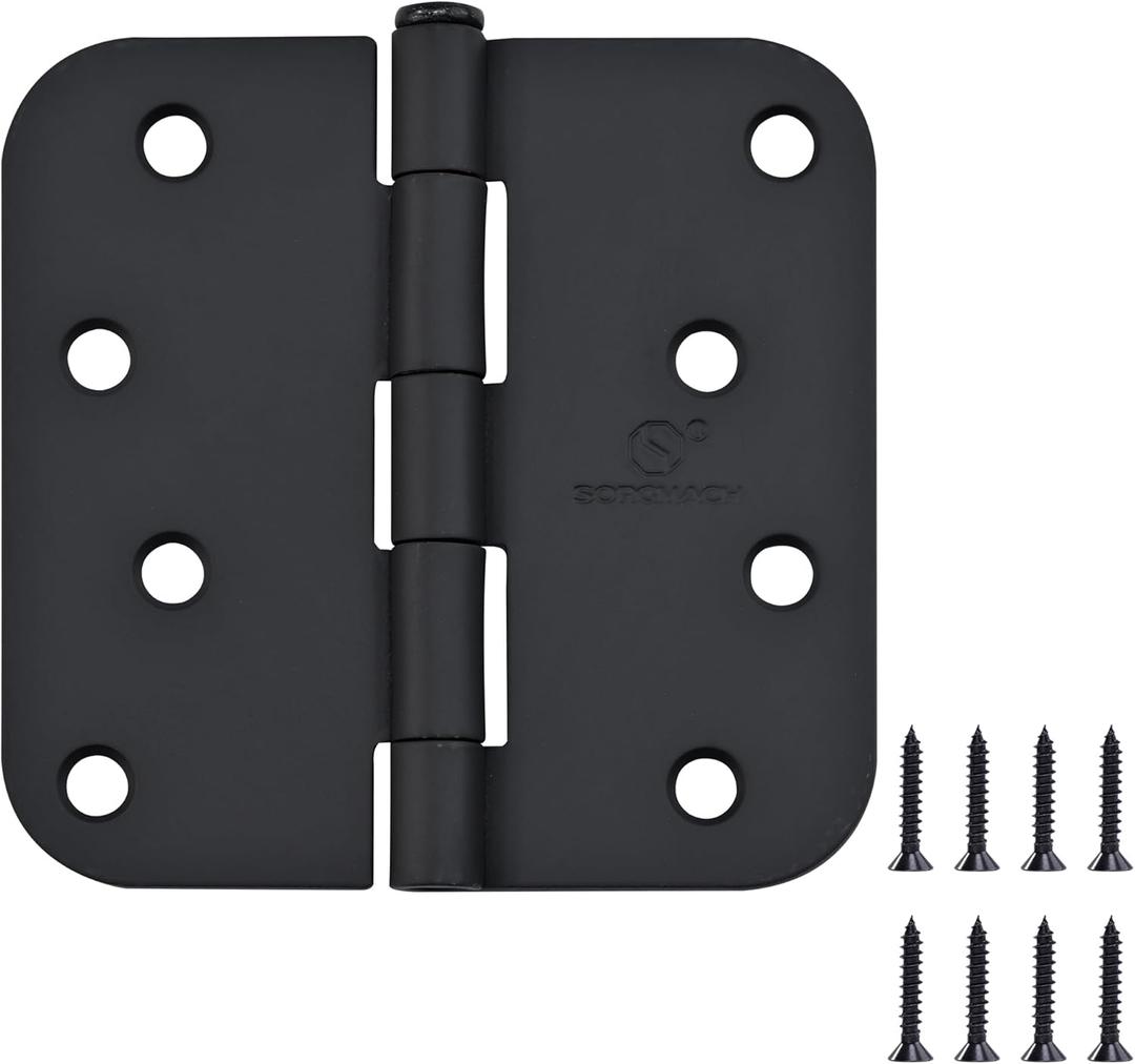 Door Hinge 4 Inch Interior Door Hinges Matte Black 4 Inch Interior Hinges Flat Iron Hinge 4"x 4" Door Hardware 5/8" Radius - 12 Pieces