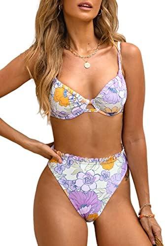 CUPSHE Women Swimsuit Bikini Set High Waisted Push Up Cheeky Drawstring Two Piece Bathing Suit Medium
