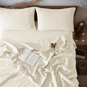 LBRO2M 100% Linen Sheet Set King Size,Bed Sheets 4 Piece Sets,Solid Color Natural Flax Bed Sheets Soft Breathable Bedding,16" Deep Pocket,All Season (King)