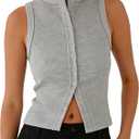 Women Button Down Tank Tops Casual Ribbed Sleeveless Crop Vest Top Going Out Tops Open Front Slim Fit Dressy Top (Gray, S)