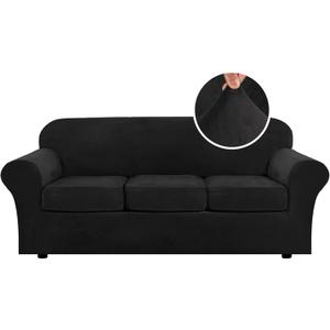 H.VERSAILTEX Modern Velvet Plush 4 Piece High Stretch Sofa Slipcover Sofa Cover Furniture Protector Form Fit Luxury Thick Velvet Sofa Cover for 3 Cushion Couch Width Up to 90 Inch (Sofa, Black)