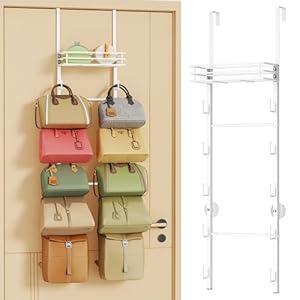 Over The Door Purse Organizer - Wall Mounted Purse Rack with 10 Hooks and Metal Basket, Hanging Handbag Organizer Holds up to 10 Bags, Bag Rack Can Use As 1/ 2 Part, for Door, Closet (White)