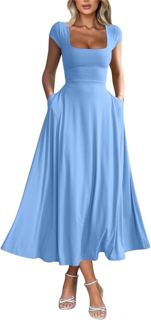 YMDUCH Women's Casual Short Sleeve Square Neck Solid Slim Flowy Maxi Dress with Pockets (Blue, S)