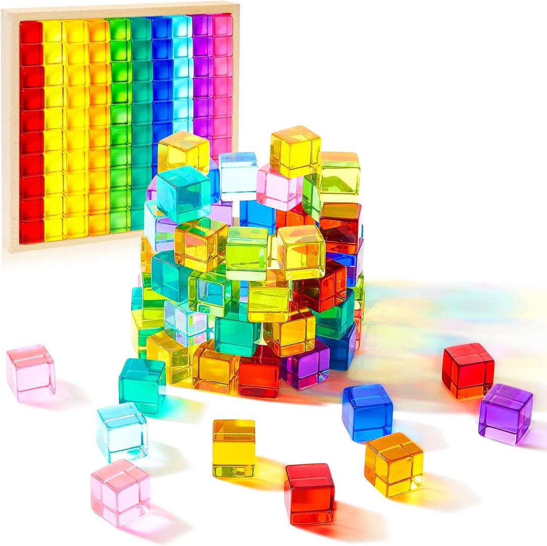 Meooeck 60 Pcs Colored Acrylic Gem Cube Blocks, Translucent Rainbow Building Stacking Cube Educational Sensory Train Toy with Wooden Storage Box for Toddler Kid Montessori Christmas Stocking Stuffer
