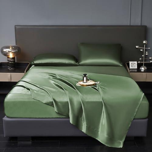 Revdomfly 4 Pcs King Size Luxury Silky Soft Olive Green Satin Sheet Set,1 Premium Moisture Wicking Fitted Sheet Fits Up to 16 Inches Deep Pocket + 1 Flat Sheet + 2 Pillowcases（Olive Green, King）