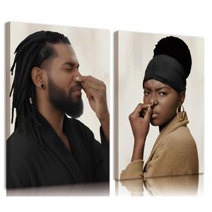 2pcs Funny Black men's and women's bathrooms Canvas Wall Art African Couple Toilet Pinch Nose Wall Decor Pictures Humour Black With A Stinky Posters Prints for Wc Bathroom Decoration Prepare to hang