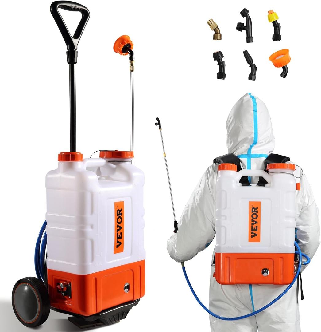 VEVOR 4 Gallon Battery Powered Backpack Sprayer with Wheeled Cart, Adjustable 0-94 PSI, 13FT Hose, 6 Nozzles, 2 Wands Included, Wide Mouth Lid for Weeding, Cleaning, Long Spray Time Without Fatigue
