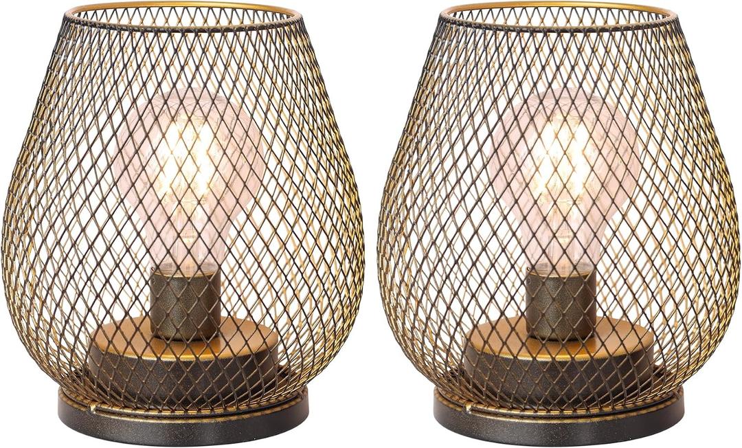 NEEDOMO Set of 2 Battery Operated Lamp Outdoor Table Lantern, LED Metal Cage with Timer Mode, Vintage Decorative Lights Cordless Lamp Indoor Outdoor Patio Bedroom Living Room (Golden)