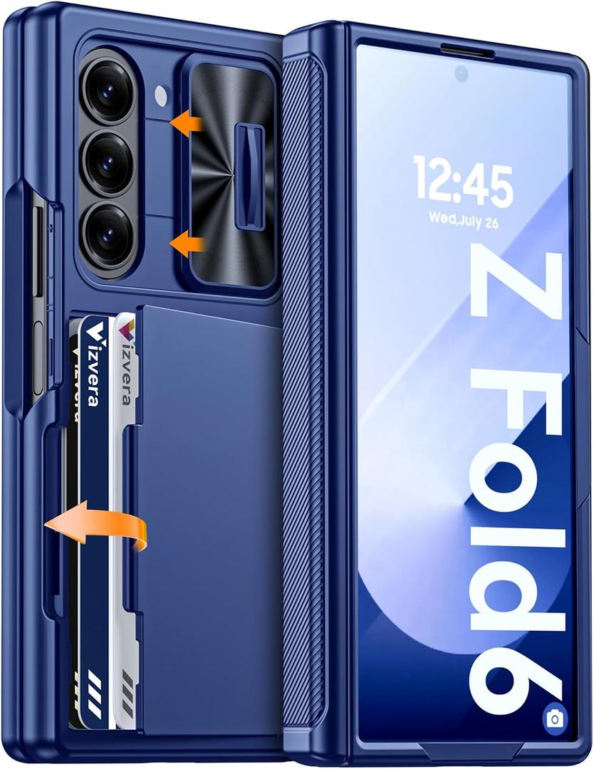 Vizvera for Samsung Galaxy Z Fold 6 Case RFID Wallet with Cards Holder [Hinge Cover] [Camera Cover] Shockproof Silicone Protective Phone Case for Z Fold 6 2024-Blue