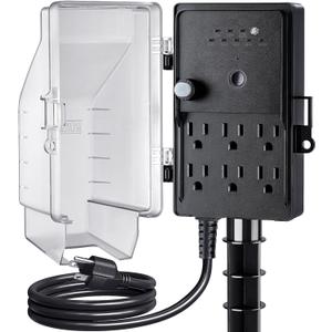 SURAIELEC Outdoor Power Stake Light Timer, Dusk to Dawn, 6 Electrical Outlet Power Strip Weatherproof, 6FT Extension Cord Multiple Outlet for Patio Lights, Sprinkler, Garden, Christmas Decorations (Black)