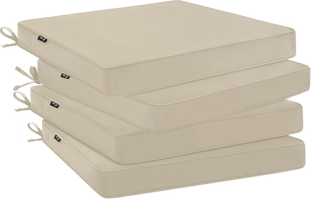 Favoyard Outdoor Chair Cushions 17"W x 16"D x 2"T Set of 4 Patio Chairs Cushions 3-Year Fade Resistant & Waterproof Cushions for Outdoor Furniture with Hidden Zipper, Attach Straps for Dining Chairs (Beige)
