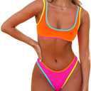 SherryDC Women's Sexy Scoop Neck Bikini Sets Color Block High Cut Thong Brazilian Two Pieces Swimsuit Bathing Suit M
