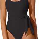 RXRXCOCO Women One Piece Swimsuit Tummy Control Cute Waist Tie Slimming Bathing Suit Cutout Full Coverage Swimwear (Black, L)