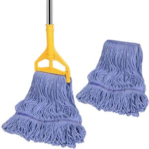 Commercial Mop with Extra Head Replacement, 63Inch Handle Heavy Duty Industrial Mop Looped-End String Wet Mops for Floor Cleaning for Warehouse, Workshop, Garage, Office, Home (2 Mops Head)
