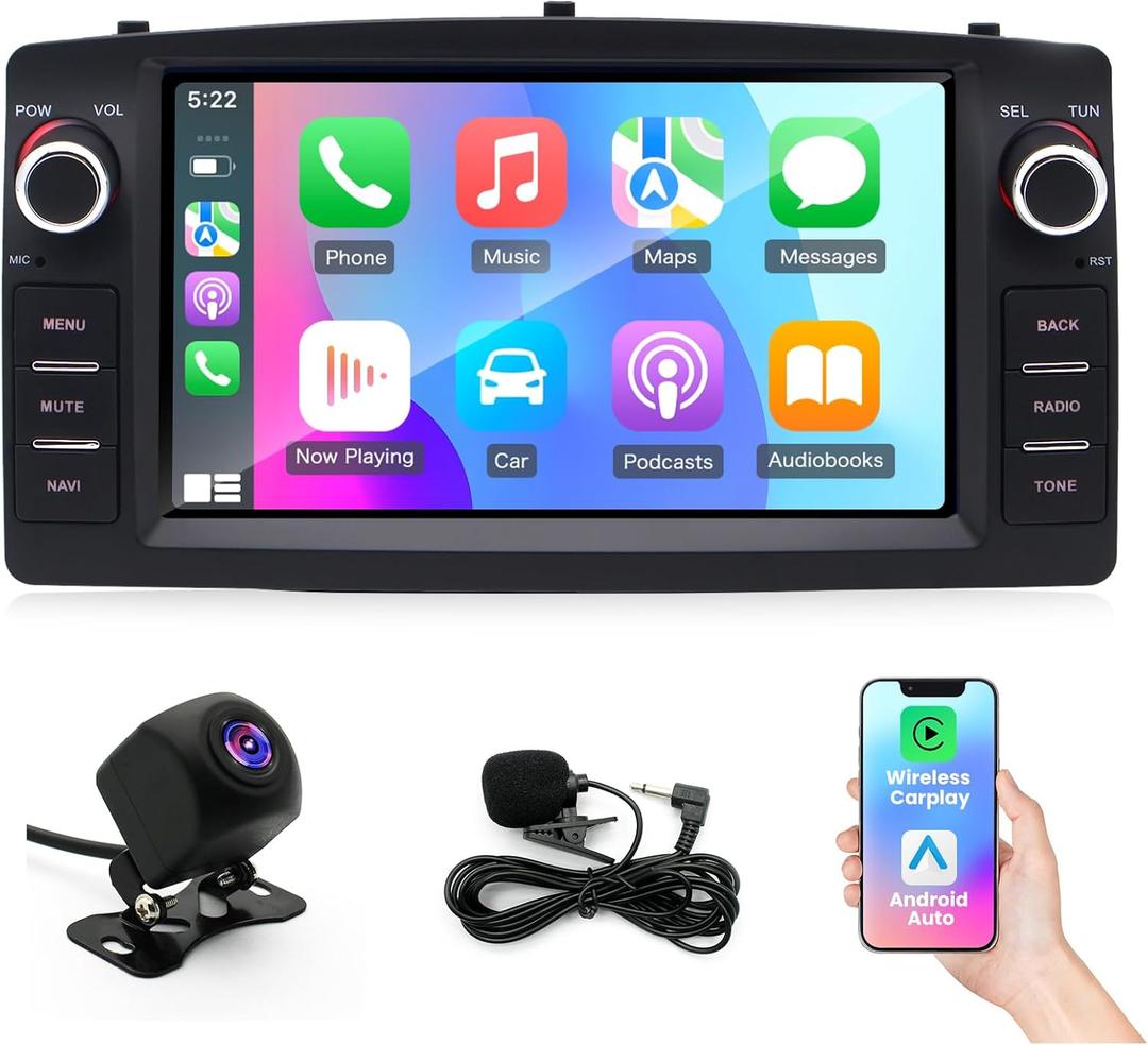 Car Stereo Radio for Toyota Corolla E120 2000-2006 4+64G 7" IPS Touch Screen Radio with Wireless Carplay/Android Auto/GPS Navigation/Wi-Fi/Bluetooth/SWC/AHD Backup Camera/FM/Mic