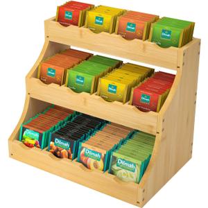 Bamboo Tea Bag Organizer, 3 Tier Vertical Tea Organizer, Tea Holder For Kitchen Island, Coffee Shop Or Office, Tea Storage With 12 Adjustable Partitions (Self-Assembly)