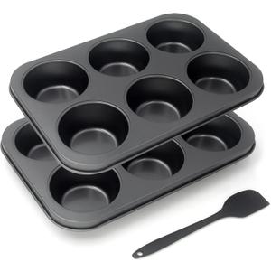 Non-Stick Muffin Pans, 6-Cup Set of 2 Jumbo Baking Pans with a Spatula for Extra-large Muffins & Cupcakes