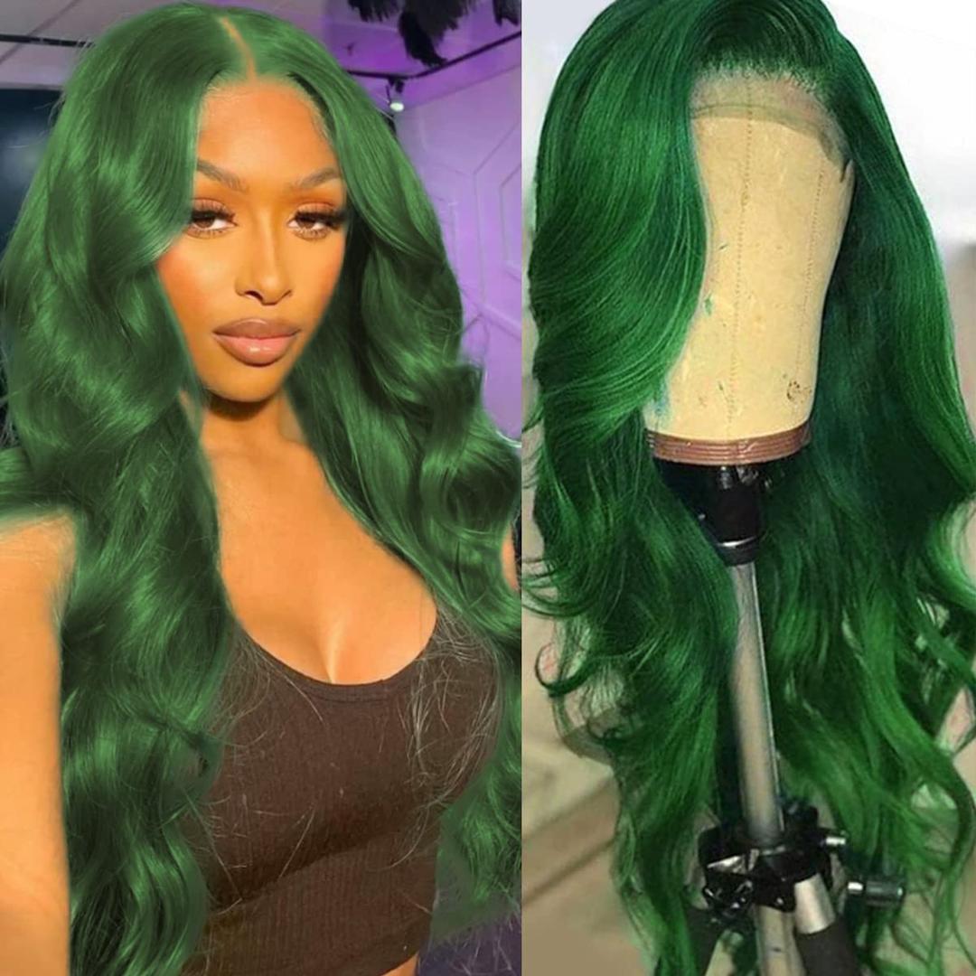 Colorful Bird Green Lace Front Wigs Human Hair Body Wave 13x4 HD Lace Frontal Wig Pre Plucked with Baby Hair Dark Green Colored Brazilian Lace Front Human Hair Wigs Glueless 150% Density 18 inch