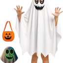 WERFORU Kids White Ghost Costumes with Pumpkin Basket Boo Ghost Cloak for Spooky Halloween Cosplay