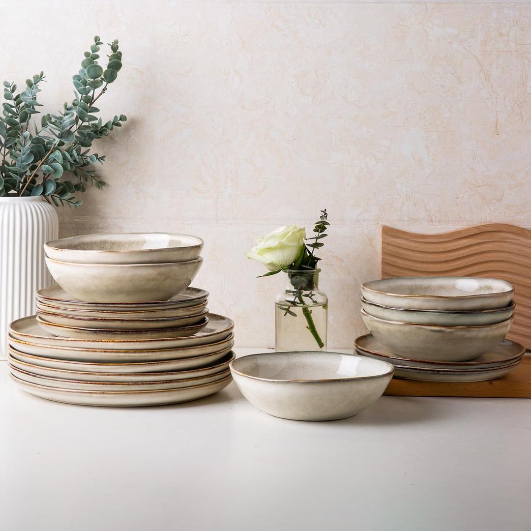AmorArc Ceramic Dinnerware Sets,Handmade Reactive Glaze Stoneware Plates and Bowls Sets,Highly Scratch Resistant | Dishwasher & Microwave Safe Dishes Set,Service for 8 (24pc) (Cappuccino)