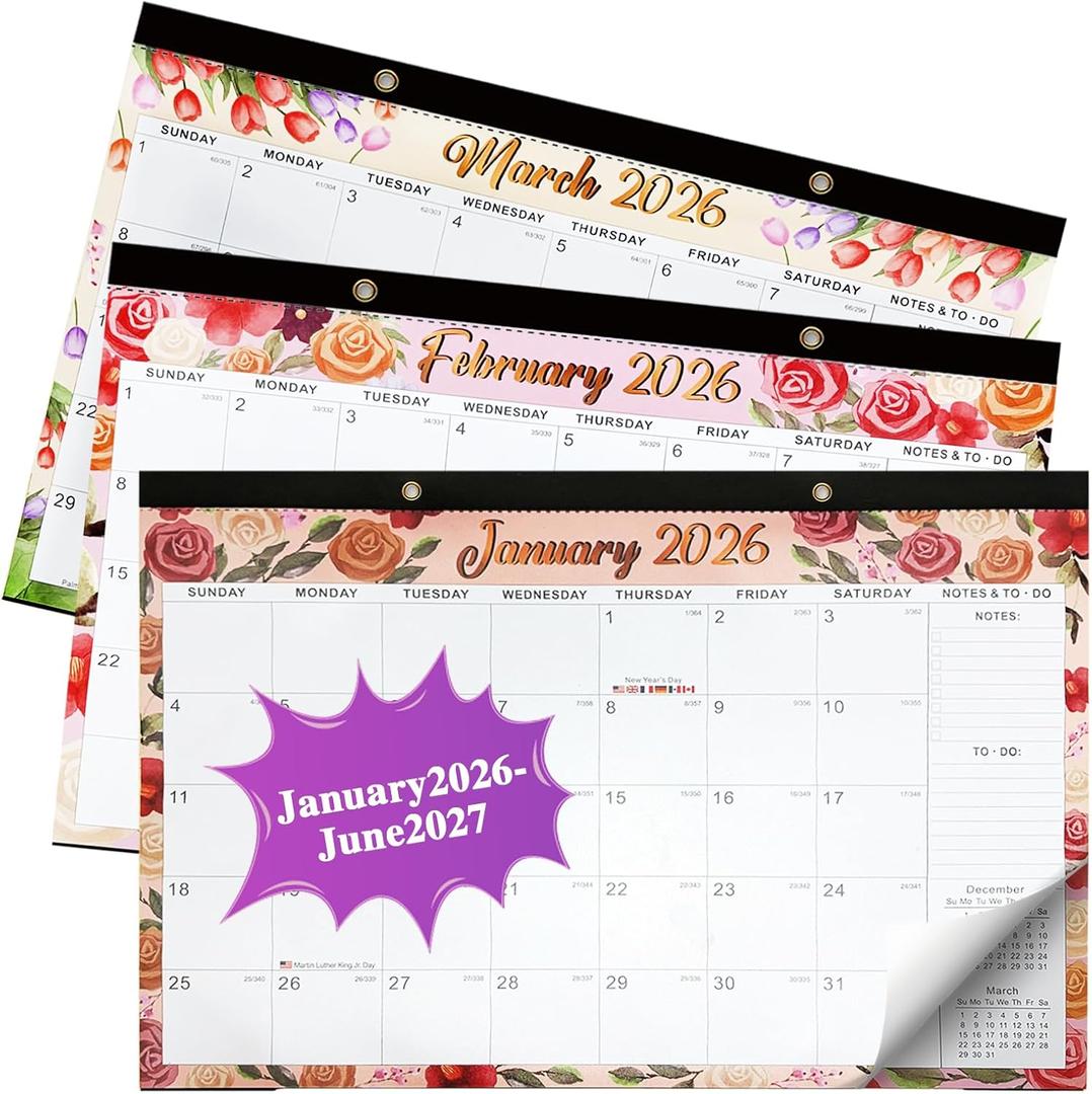 2026-2027 Desk Calendar  18-Month Watercolor Floral Wall/Desk Calendar, 17" x 12", Monthly Planner with Elegant Botanical Designs, January 2026 to June 2027