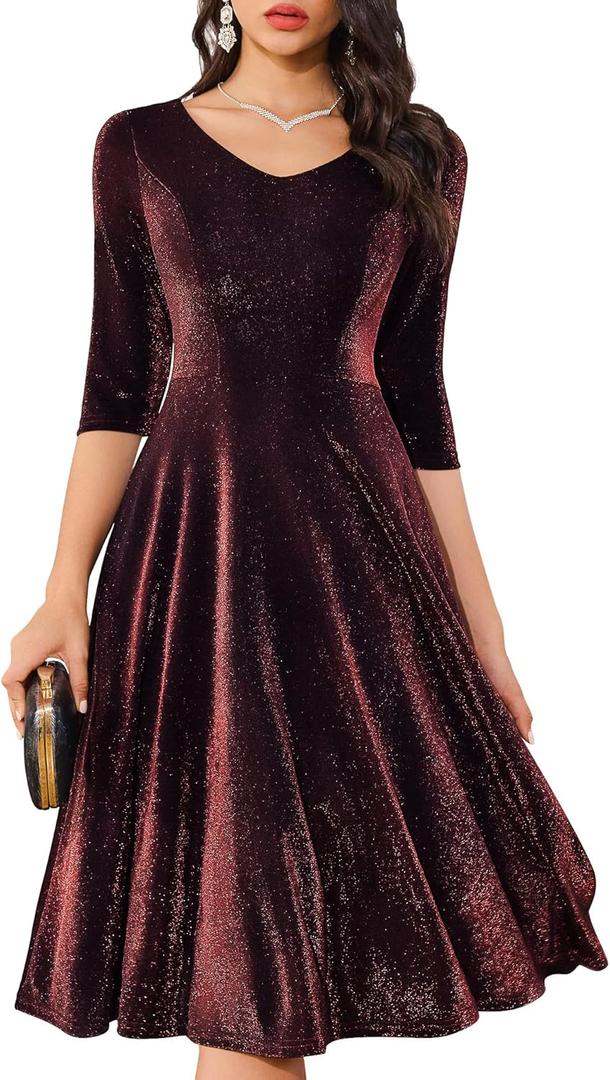 Dressystar Womens Velvet Midi Sequin Cocktail Dress Fall Winter Long Sleeve Formal Wedding Guest Party Dresses with Pocket (Small, Burgundy)