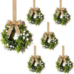 6 Pcs Small Boxwood Hanging Wreaths for Cabinets Artificial Greenery Mini Candle Ring Wreath with White Berries and Burlap Bow Ribbon for Home Kitchen Front Door Window Wall Wedding Farmhouse Decor