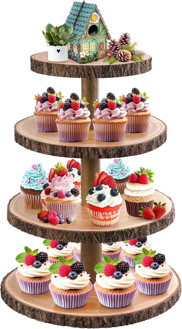 Cupcake Stand Wood Dessert Stands 4 Tier Cupcake Tower Large Cupcake Display Stand Rustic Cupcake Tier Stand for Woodland Baby Shower Decorations/Wedding/Birthday/Party/Farmhouse Decor